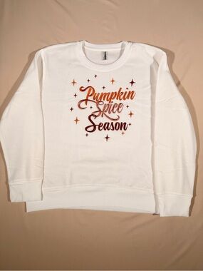 White Crewneck Sweatshirt with Pumpkin Spice Season Graphic
